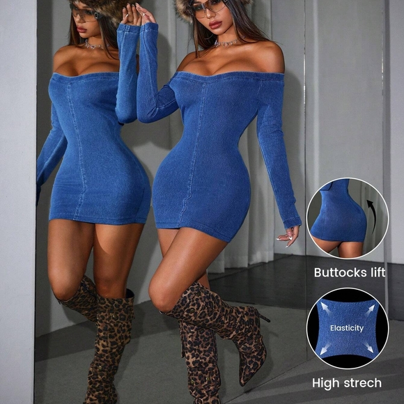 SHEIN Dresses & Skirts - SHEIN Blue Ribbed Off-Shoulder Bodycon Dress